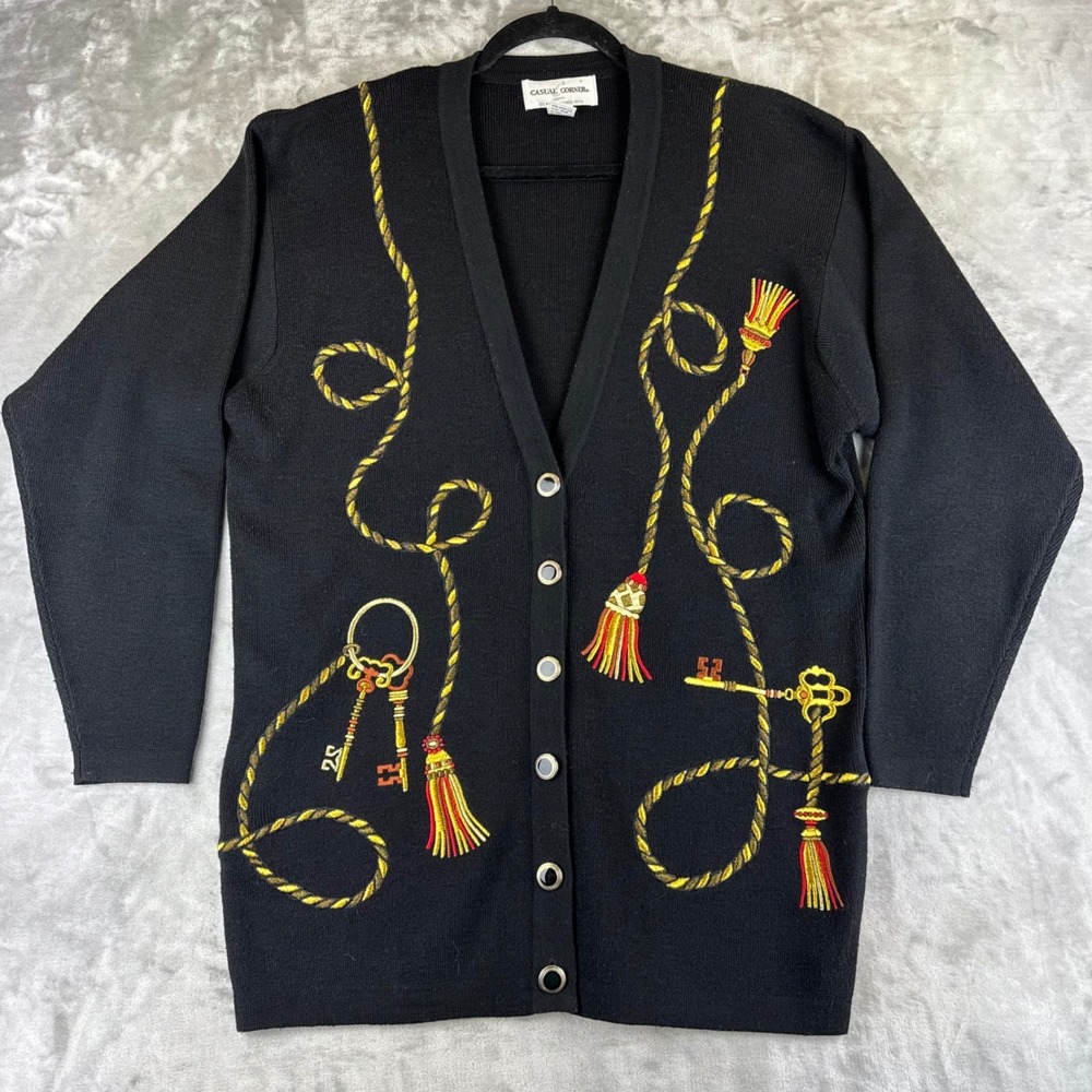 Casual Corner Cardigan Womens Large Black Vintage Wool Blend Key Tassel (1415)‎